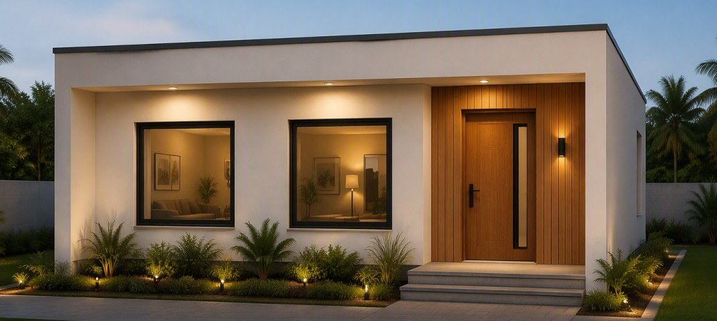A completed single-storey residence at dusk, with lit windows, a timber-clad entrance and planted borders